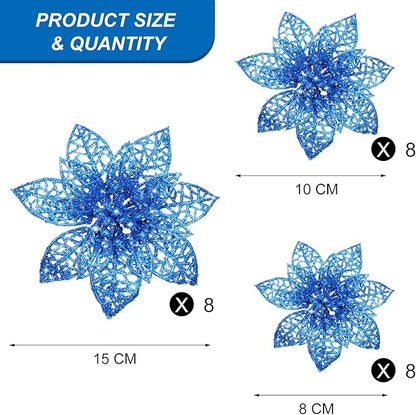 Boao Blue 24 Pieces Poinsettia Flower Christmas Glitter Artificial Poinsettia with Clips Christmas Tree Ornament Decorations for DIY Xmas Wreath Holiday Home Party Decor, 3/4/6 Inches