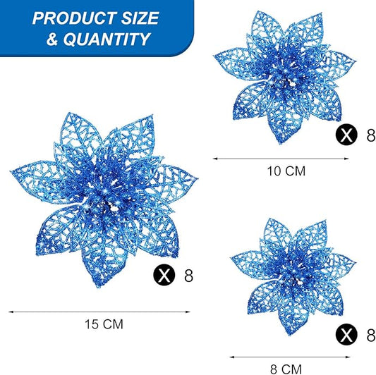 Boao Blue 24 Pieces Poinsettia Flower Christmas Glitter Artificial Poinsettia with Clips Christmas Tree Ornament Decorations for DIY Xmas Wreath Holiday Home Party Decor, 3/4/6 Inches
