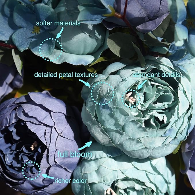 FiveSeasonStuff Vintage Artificial Peonies Silk Peony Flowers and Hydrangeas for Wedding Bridal Home Décor – Beautiful Floral Centerpiece Arrangement Decoration with 2 Bouquets (Mixed Blue)
