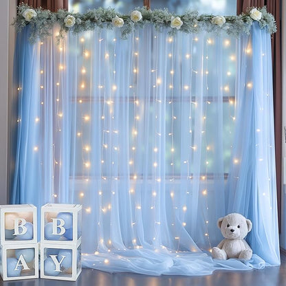 20x10ft Baby Blue Tulle Backdrop Curtain with Lights String for Parites, Sheer Backdrop Curtains for Wedding Baby Shower Birthday Party Photo Shoot Decorations