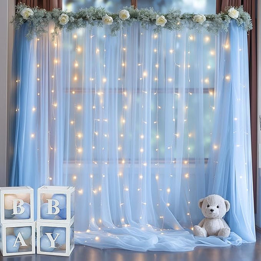 20ft x 10ft Blue Backdrop Curtain with Lights String for Parties, Sheer Tulle Wedding Photo Backdrops Drapes for Baby Shower Birthday Party Decorations Background for Photography