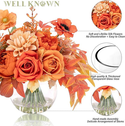 Artificial Flowers in Vase, Silk Rose Peony Dahlia Flower Bouquet Table Centerpieces with Faux Water for Winter Home Decor Fake Flowers Arrangement for Wedding Birthday Party Decor (Orange & Earth)