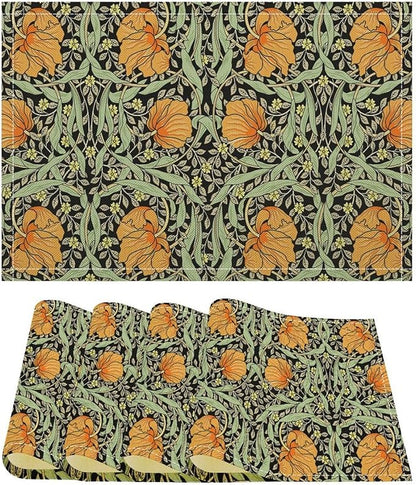 William Morris Placemats Farmhouse Sage Green Orange Vintage Floral Art Printed Dining Table Mats Set of 4 for Home Kitchen Holiday Picnic Party Decoration 12x18in