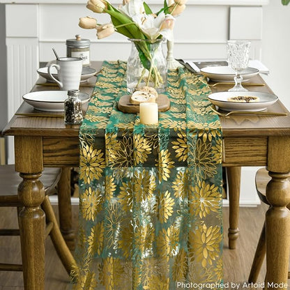 Artoid Mode Green Gold Dahlia Flower Gauze Table Runner 120 Inch 10FT, Glitter Metallic Foil Seasonal Sheer Dining Holiday Table Decor for Home Party