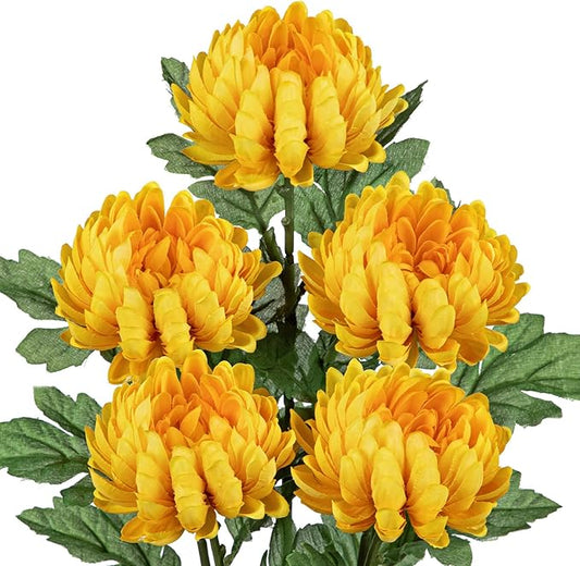 Hollyone 5Pcs Fake Mums Flowers Yellow Artificial Chrysanthemum Flowers Silk 22.8inch Long Stem Floral Arrangements Bouquets Faux Spider Mum Flower Pincushion Flower Bush Spring Home Decor