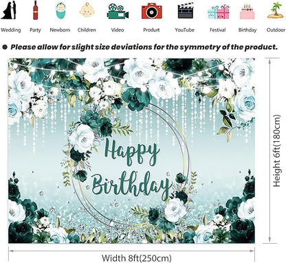 Renaiss 8x6ft Floral Happy Birthday Backdrop for Woman Fabric Green White Flowers Blooming Flower Photography Background Shinning Diamond Photo Backdrops for Birthday Party Supply