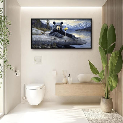 Forest Bear Large Decor Framed Wall Art Mountain Lake Cabin Pictures for Living Room, Black Bear Oversized Canvas Print Painting Modern Extra Large Framed Artwork for Bedroom Office 60"x30"