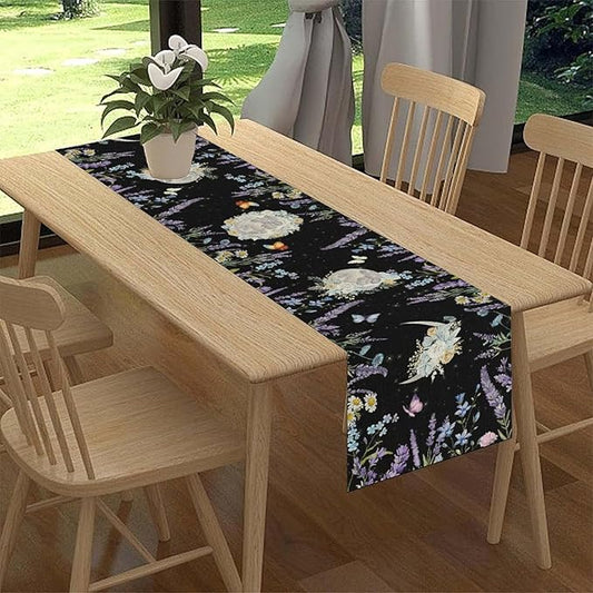 Boho Floral Table Runner, Spring Gothic Moon Phase Wildflower Mystical Witchy Farmhouse Coffee Table Center Decor for Home Kitchen Dining Patio Holiday Party Table Decorations 13x36 inches