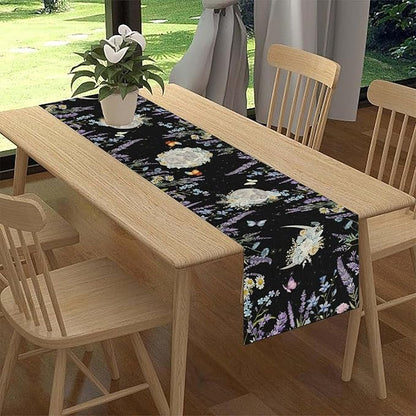 Boho Floral Table Runner, Spring Gothic Moon Phase Wildflower Mystical Witchy Farmhouse Coffee Table Center Decor for Home Kitchen Dining Patio Holiday Party Table Decorations 13x90 inches