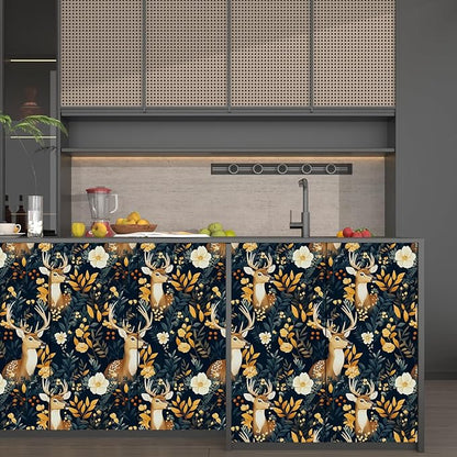 Deer Wallpaper Peel and Stick Vintage Blue Gold Floral Wallpaper Contact Paper 17.5" × 118" Waterproof Vinyl Self Adhesive Dark Wall Paper for Bedroom Walls Cabinet Locker Decor