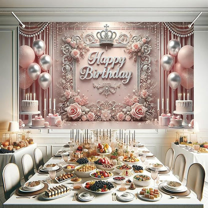 Starlit Patio Elegant Pink Happy Birthday Banner Backdrop Princess Girls Party Decorations Photography Backgrounds Crown Roses Balloons Cake Table Photo Booth Props 71 x 43 inch