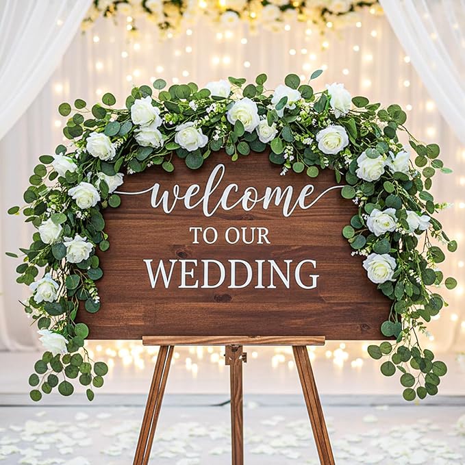 3 Pcs Total 18Ft Artificial Eucalyptus Flower Garland, Faux Eucalyptus Garland with White Roses Fake Flowers Vines for Centerpiece, Wedding, Party, Table, Background, Arch, Indoor Outdoor Decor