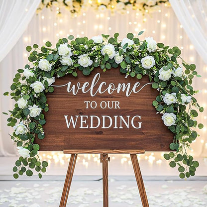 3 Pcs Total 18Ft Artificial Eucalyptus Flower Garland, Faux Eucalyptus Garland with White Roses Fake Flowers Vines for Centerpiece, Wedding, Party, Table, Background, Arch, Indoor Outdoor Decor