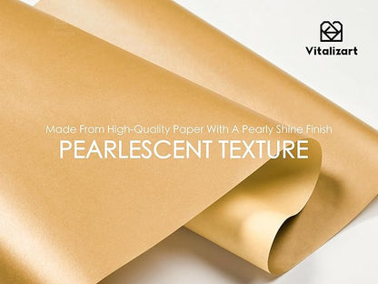Vitalizart Gold Wrapping Paper Set 30" Pearly-Lustre With Silk Like Satin Ribbon & Gift Tags Recyclable Christmas Gift Wrapping Birthday Baby Shower Wedding Handmade Crafts 197"(16.4 Ft)