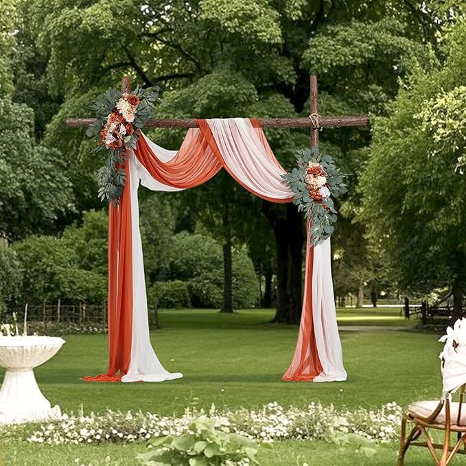 VEVOR Artificial Wedding Arch Flowers Kit, Orange Wedding Arch Flowers with Drapes Kit (Pack of 4) - 2 Pcs Floral Arrangement, 2 Pcs Sheer Drapes, for Ceremony Bouquets Reception Backdrop Decoration