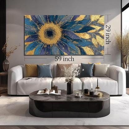 JuhaiArt Blue Wall Art Bedroom Large Gold Flower Canvas Wall Decor Floral Picture Art for Living Room Office 29" x 59" Sunflower Abstract Artwork