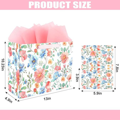 ASYEHNR 13" Large Size Floral Gift Bag Floral Pink Blue Sage Green Flower Pattern Gift Bag with Greeting Card Tissue Paper for Women Girls Birthday Baby Shower Wedding Mother's Day Spring Supplies
