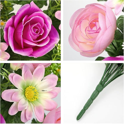 Hollyone Set of 2 Artificial Cemetery Flowers for Grave Memorial Flowers for Cemetery Outdoor Grave Decorations Silk Flower Arrangements Purple Rose Pink Ranunculus Gerbera Floral Flowers Bouquets
