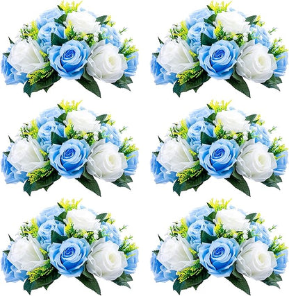 NUPTIO Flower Centerpieces for Wedding Tables: 6 Pcs Blue & White Artificial Flower Ball Arrangement for Weddings Party - Fake Floral Rose for Birthday Bridal Shower Decorations