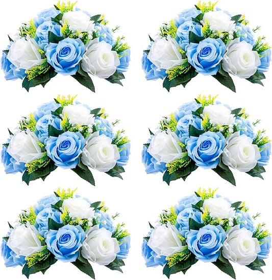NUPTIO Flower Centerpieces for Wedding Tables: 6 Pcs Blue & White Artificial Flower Ball Arrangement for Weddings Party - Fake Floral Rose for Birthday Bridal Shower Decorations