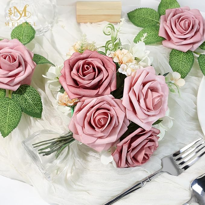Meldel Artificial Flower 25pcs Real Touch Blush Pink Rose Fake Foam Roses with Stems for DIY Wedding Bouquets Gifts Bridal Shower Faux Floral Centerpieces Arrangements Home Party Tables Decorations