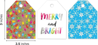 Pro Supply Global 24 Count of 2.5 Inch x 3 Inch Pre Strung Chirstmas Lights Gift Tag Assorted Printed Designs on Large Cardstock Gift Hang Tags - Ideal to Use on Bags
