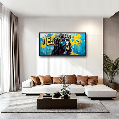 Banksy Jesus Large Wall Art Graffiti Framed Wall Decor for Living Room Pop Street Pictures Oversized Canvas Print Painting Modern Extra Large Framed Artwork for Bedroom Office 60"x30"