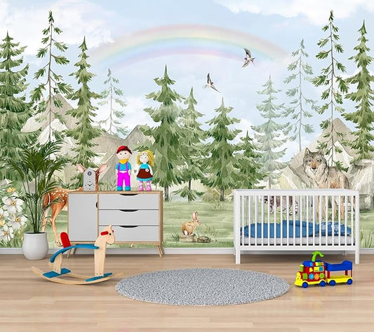 Forest Animals Kids Wallpaper Peel and Stick Nursery Pine Tree Self Adhesive Wall Mural for Children's Room Bedroom 157"x108"