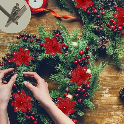 24 PCS Poinsettia Flower Artificial Red Christmas Flowers Artificial 5.5'' Glitter Poinsettias Artificial Christmas Tree Flower with Clips DIY Xmas Wreath Holiday New Year Home Party Decor
