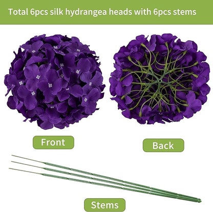 DuHouse Silk Hydrangea Artificial Flower Heads with Stems Fake Hydrangeas Flowers for DIY Wedding Centerpiece Home Decor,Pack of 6 (Violet)