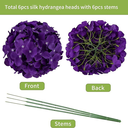 DuHouse Silk Hydrangea Artificial Flower Heads with Stems Fake Hydrangeas Flowers for DIY Wedding Centerpiece Home Decor,Pack of 6 (Violet)