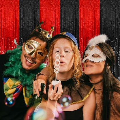 2 Pack Black and Red Party Backdrop Streamers Decorations Foil Fringe Curtains Metallic Tinsel Backdrop for Birthday Halloween Christmas New Year Fancy Ball Graduation Party Decor