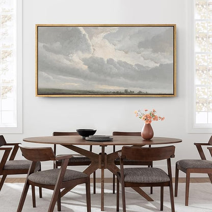 SIGNFORD Extra Large Framed Canvas Print Wall Art Expansive Cloudy Sky Over Landscape Soft Neutral Horizon Scene Illustrations Modern Art Relax/Calm Warm for Living Room, Bedroom, Office - 60"x30"