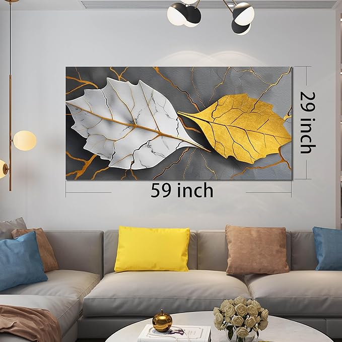 Large Canvas Wall Art for Living Room Bedroom Office Gold and White Leaves Picture Modern Canvas Prints Grey Abstract Framed Wall Decor Size 29x59
