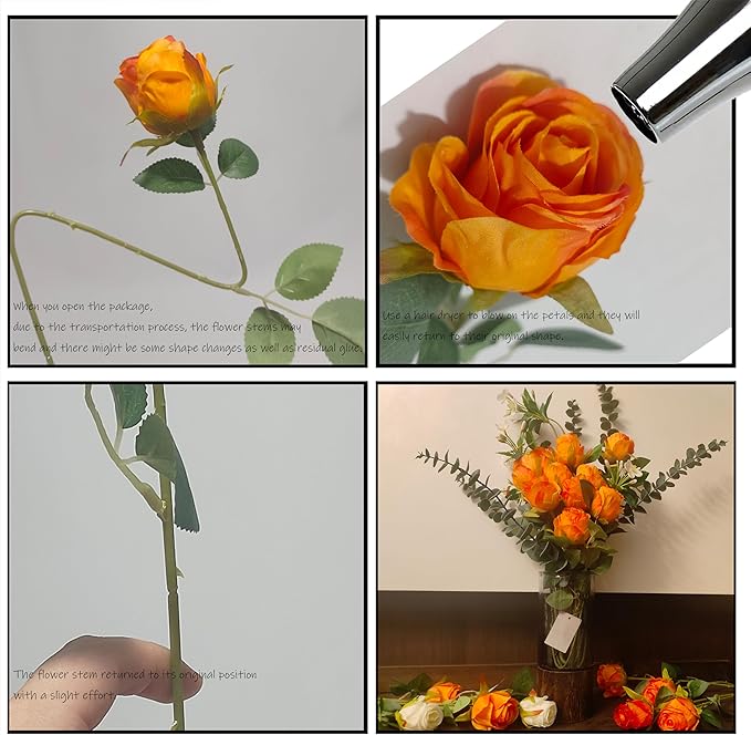 Artificial Roses 50 Pcs - Lifelike Single Stem Fake Roses with Natural Petal Texture,Fade-Resistant Silk Flowers for Wedding Decor,Home Vase Arrangements,Party Centerpieces (50, Orange)