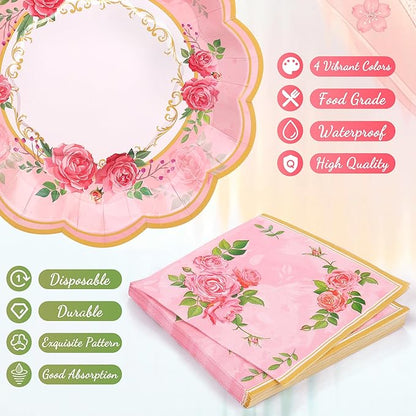96 Piece Floral Paper Tea Cups and Saucers 9 Oz Teacup with Handle 9 Inch and 7 Inch Paper Plate Napkin Disposable Tea Party Supplies Serve 24 for Wedding Birthday, Pink, Blue, Yellow, Purple