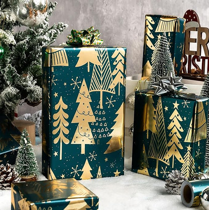 MAYPLUSS Wrap Paper Roll - 17 Inch X 33 Feet - Luxurious Metallic Foil Green Elegant Christmas Tree Winter Gift Wrapping Paper, Festive Decoration