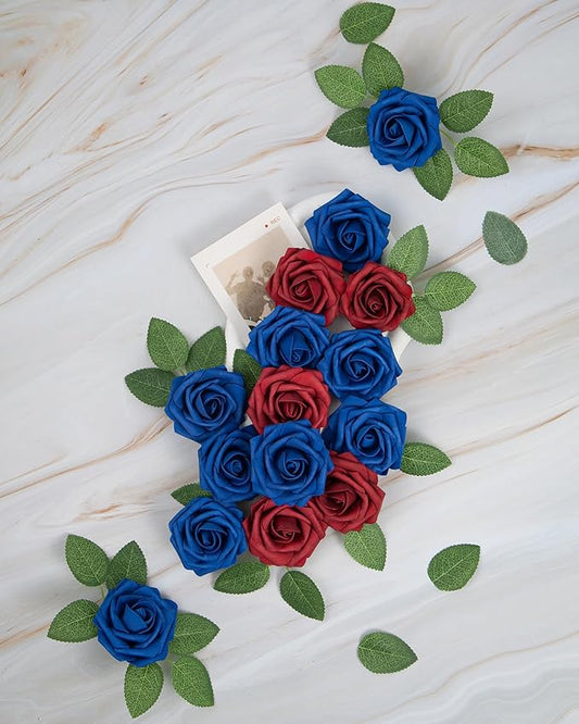 DuHouse 25Pcs Artificial Roses Flowers Fake Rose with Stems Real Touch Foam Flowers for DIY Wedding Bouquet Baby Shower Centerpiece Floral Arrangement Party Home Decor(Blue White Red)
