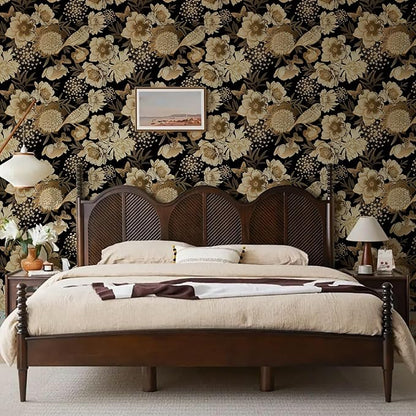 Floral & Birds Peel and Stick Wallpaper Antique Gold Black Self Adhesive Removable Floral Wallpaper for Bedroom Renter Friendly Floral Contact Paper for Bedroom Bathroom Walls Shelf Liner 17.7"x236.2"