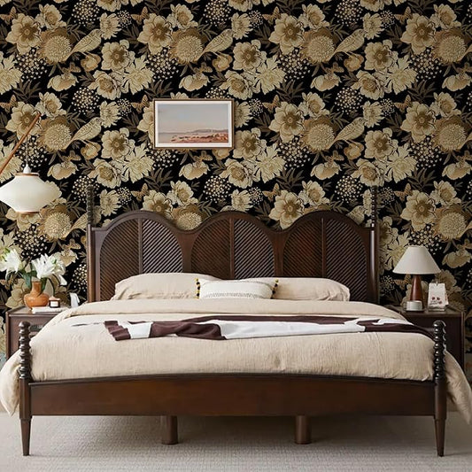 Floral & Birds Peel and Stick Wallpaper Antique Gold Black Self Adhesive Removable Floral Wallpaper for Bedroom Renter Friendly Floral Contact Paper for Bedroom Bathroom Walls Shelf Liner 17.7"x236.2"