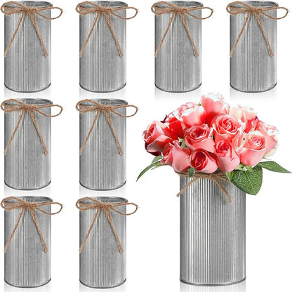 Domensi 5.91 in High Farmhouse Vase Decor Galvanized Metal Flower Vase with Twine Bow Vintage Rustic Tin Flower Buckets for Artificial Floral Table Container DIY(Iron Color,8 Pcs)