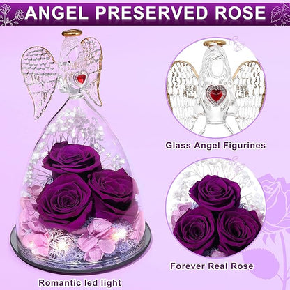 Mothers Day Rose Gifts for Women, Large Angel Figurines with Real Roses, Preserved Real Flower Rose for Her - Purple