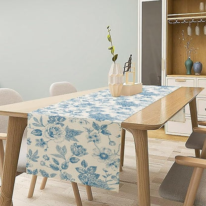 Blue Floral Table Runner, Spring Summer Sketch Wildflower Vintage Country Farmhouse Coffee Table Center Decor for Home Kitchen Dining Patio Holiday Party Table Decorations 13x90 inches