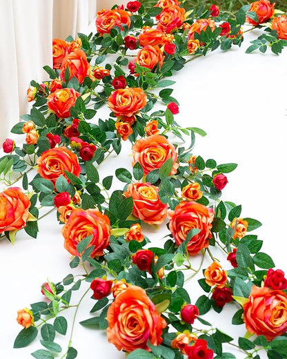 6FT Bendable Flower Garland, Artificial Rose Vine Hanging Floral Garland Decoration for Weding Home Room Wall Decor (Orange, 2pcs)