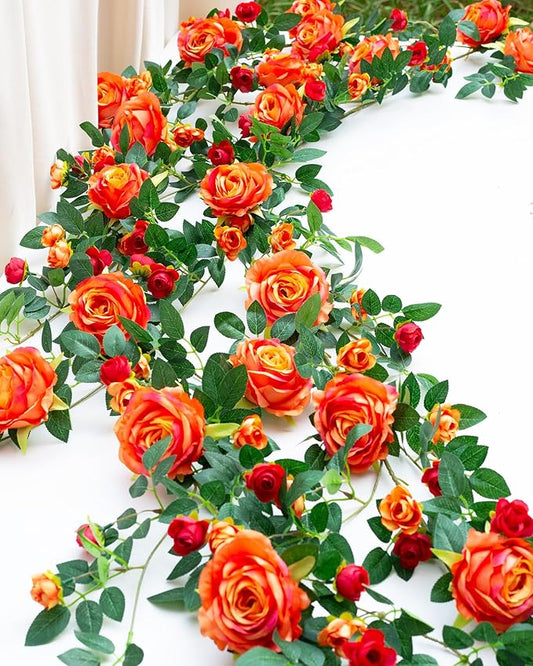 6FT Bendable Flower Garland, Artificial Rose Vine Hanging Floral Garland Decoration for Weding Home Room Wall Decor (Orange, 2pcs)