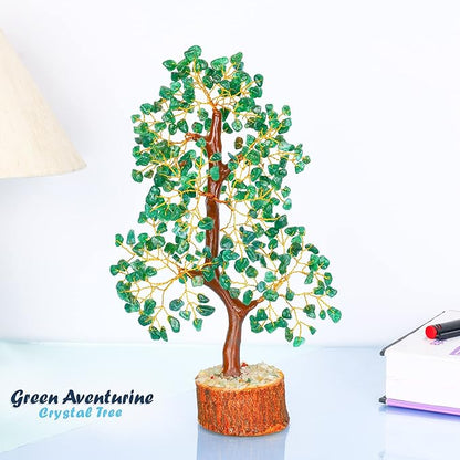 Healing Crystal Money Trees Feng Shui Gift Handmade Reiki Crystals & Stone Home Office Table Décor Good Luck Throat Chakras (Green Aventurine Golden Wire)
