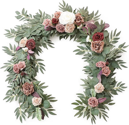 Floroom 6ft Artificial Eucalyptus Garland with Flowers Fake Greenery Faux Floral Vine Garland for Table Decor Wedding Centerpieces Bridal Shower Party Decorations, Dusty Rose & Mauve