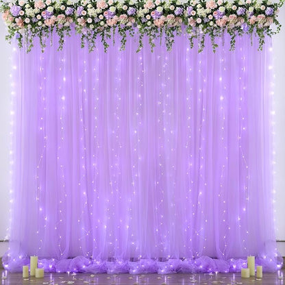 Lavender Tulle Photo Backdrop Curtain with Lights String for Parties Wedding Bridal Shower Sheer Lavender Curtain Backdrop for Birthday Baby Shower Photo Booth Photography 10ft x 8ft