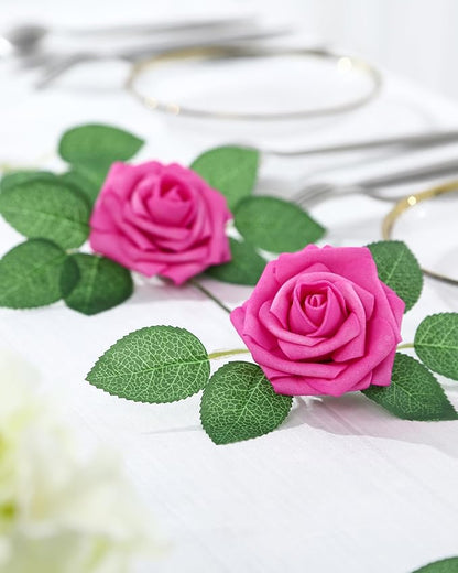 DuHouse 50Pcs Artificial Roses Flowers Fake Roses with Stems Real Touch Foam Flowers for DIY Wedding Bouquet Baby Shower Centerpiece Floral Arrangement Party Home Decor(Hot Pink)