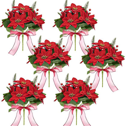 Poinsettia Christmas Decorations 6 Pack 7 Heads Artificial Poinsettia Flowers Bouquet 14 Inch Velvet Poinsettia Picks With Red Berry Stems Holly Leaves for Christmas Tree Vase Porch Home Garden Decor
